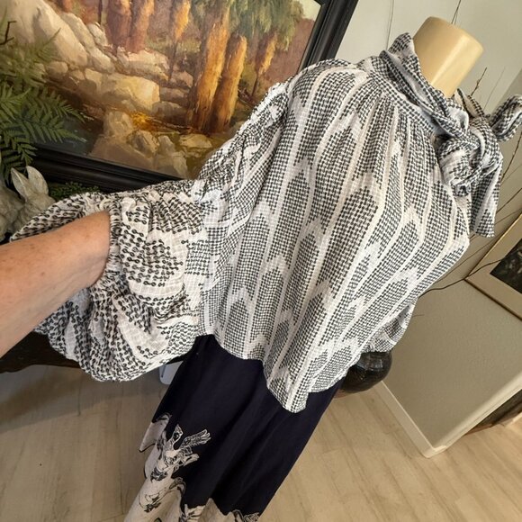 dRA BLOUSE gathered puff sleeves, cowl neck w/ side tie, oversized, hip length - Picture 1 of 6